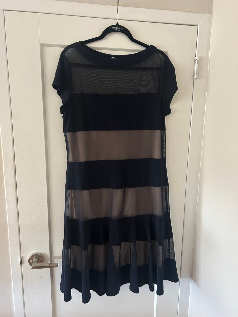 Kenneth Cole Black Striped Mesh Midi Dress - Sheer Panel A-Line